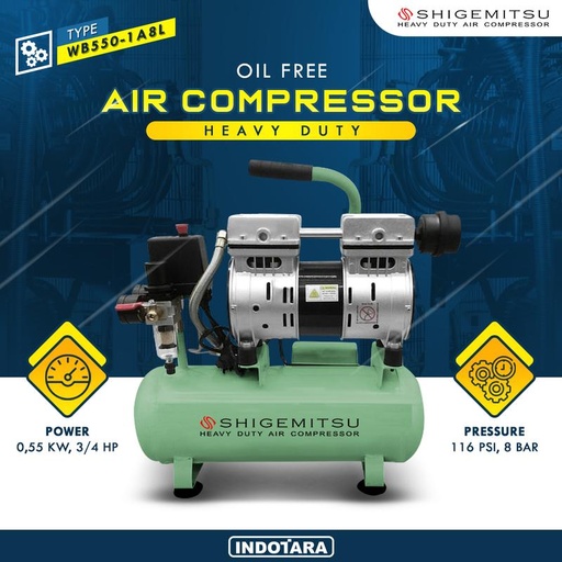 [EZM.1012210] Kompresor Angin Oil Free Shigemitsu WB550-1A8L Tank 8L