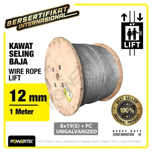 Wire Rope / Kawat Seling LIFT 8x19(S) FC 12mm Ungalv POWERTEC - 1 Mtr