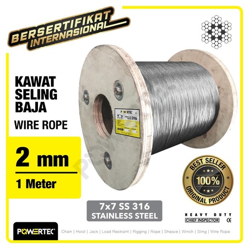 Wire Rope / Kawat Seling Baja 7x7 SS 316 2mm POWERTEC - 1 Meter