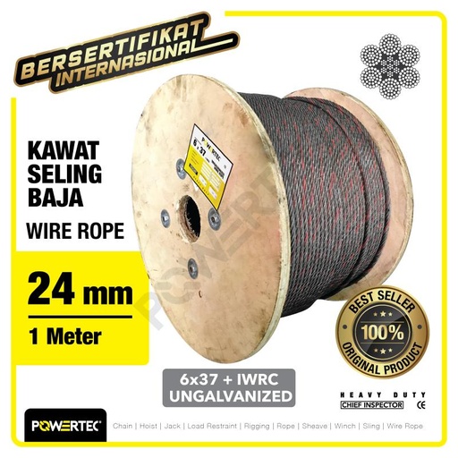 Wire Rope / Kawat Seling Baja 6x37 IWRC 24mm Ungalv POWERTEC - 1 Meter