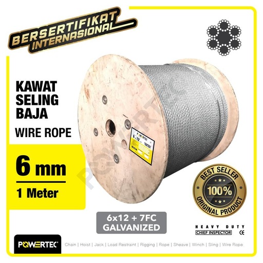 Wire Rope / Kawat Seling Baja 6x12 7FC 6mm Galv POWERTEC - 1 Meter