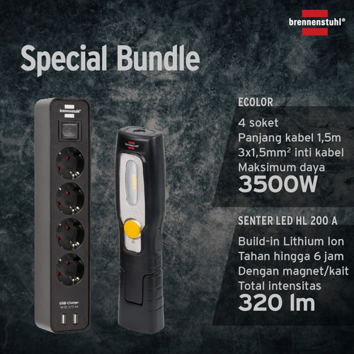 [EZM.2401189] Brennenstuhl Bundle: Senter LED Isi Ulang HL200A+ ECOLOR 4Soket USB