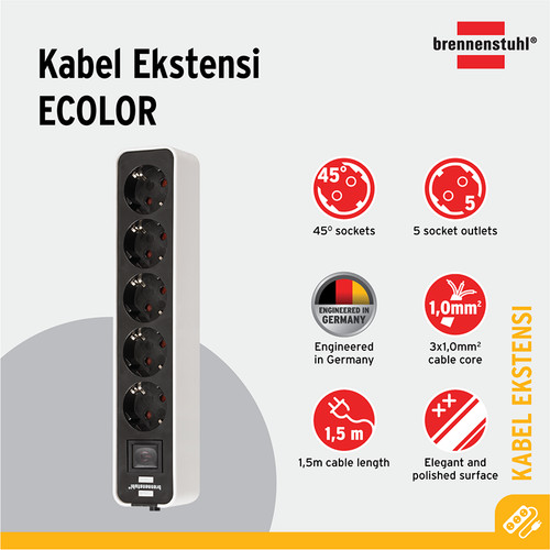 [EZM.2401124] Stop Kontak Brennenstuhl Ecolor 5-Soket Putih/Hitam dengan Switch