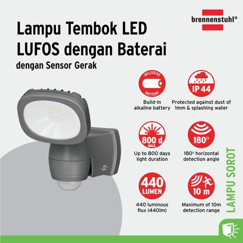 [EZM.2401167] Lampu Sorot dengan Sensor Gerak Brennenstuhl LED Wall Light LUFOS with Motion Sensor 440lm IP44 / Lampu Penerangan