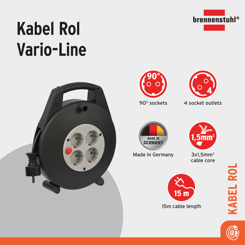 [EZM.2401191] Kabel Rol Terminal Listrik 4 Lubang Brennenstuhl Vario Line 4 Socket 15m / Colokan Listrik dengan Kabel Gulung 15 meter - 1094200