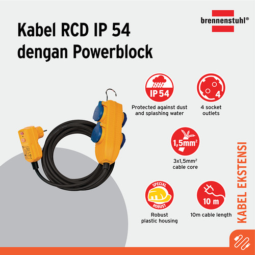 [EZM.2401072] Stop Kontak Kabel Extension Terminal Listrik 4 Lubang Brennenstuhl RCD Cable 4 Socket IP54 Powerblock 10m / Colokan Listrik Kabel Ekstensi 10 Meter dengan Switch - 1168730010