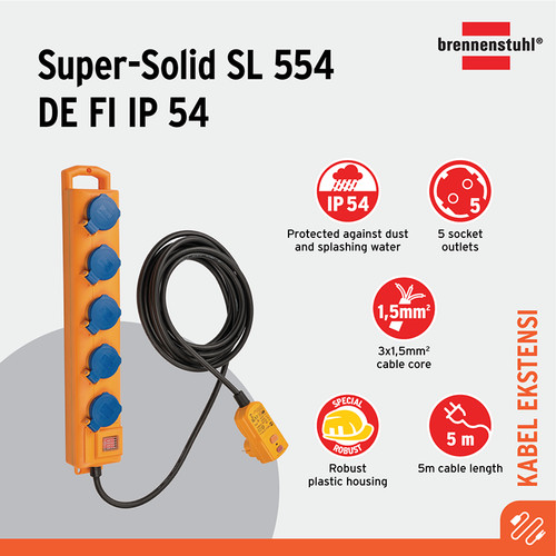 [EZM.2401070] Stop Kontak Kabel Extension Terminal Listrik 5 Lubang Brennenstuhl Super Solid SL554 DE FI 5 Socket 5m IP54 Outdoor / Colokan Listrik Kabel Ekstensi 5 Meter dengan Switch On Off -900805