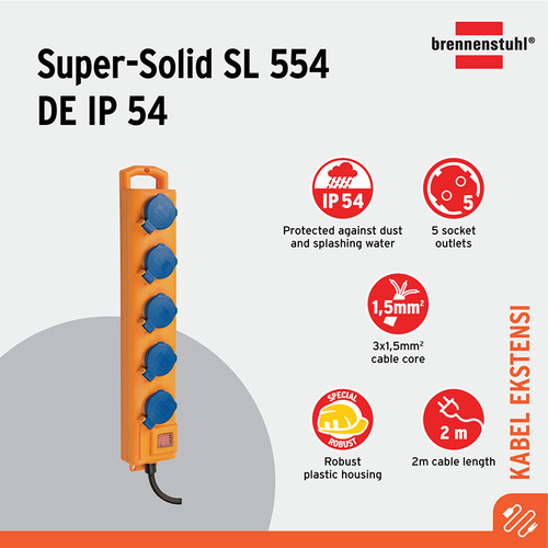 [EZM.2401071] Stop Kontak Kabel Extension Terminal Listrik 5 Lubang Brennenstuhl Super Solid SL554 DE 5 Socket 2m IP54 Outdoor / Colokan Listrik Kabel Ekstensi 2 Meter dengan Switch On Off - 1159900205