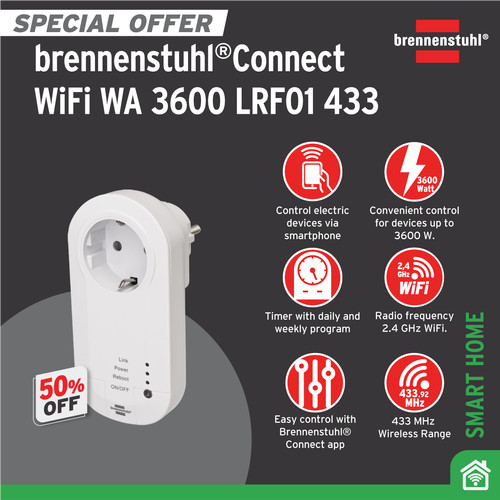 [EZM.2401054] Smart Home Stop Kontak Kabel Ekstensi Terminal Listrik 1 Lubang Brennenstuhl Connect WiFi socket with 433MHz transmitter WA 3600 LRF01 - 1294840