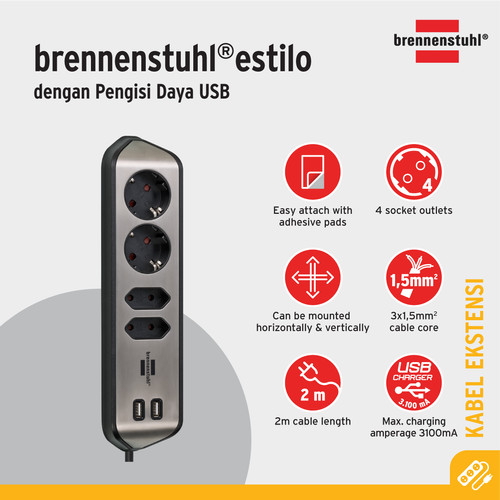 [EZM.2401058] Stop Kontak Kabel Ekstensi Terminal Listrik 4 Lubang Brennenstuhl Estilo 4 Socket Corner Extension Leads Hitam-Silver / Colokan Listrik dengan Kabel 2 Meter 1153590410