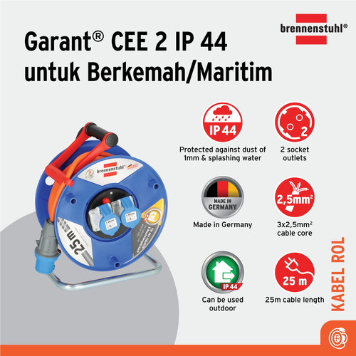 [EZM.2401065] Kabel Rol 2 Lubang Brennenstuhl Cable Reel Garant 25m 2 Socket CEE 2 IP44 / Colokan Terminal Listrik dengan Kabel Gulung 25 Meter - 1182760100