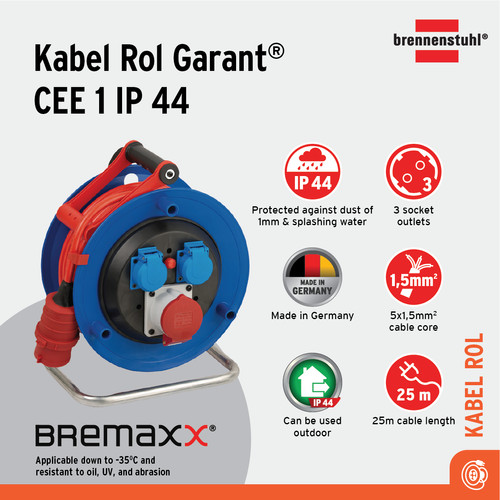 [EZM.2401066] Kabel Rol 3 Lubang Brennenstuhl Cable Reel Garant 25m 3 Socket CEE 1 IP44 / Colokan Terminal Listrik dengan Kabel Gulung 25 Meter - 1182770 Red