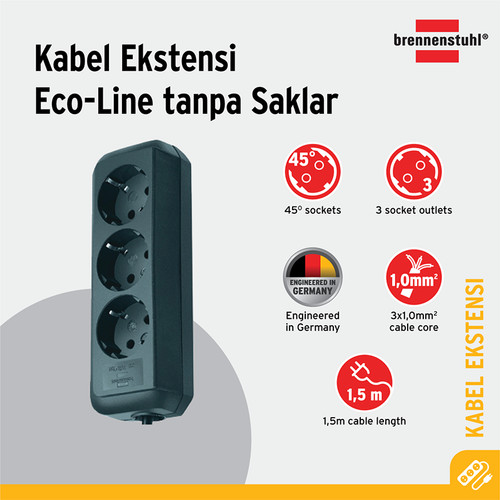 [EZM.2401121] Brennenstuhl Eco-Line Stop Kontak 3-socket hitam 1.5m - 9123020008
