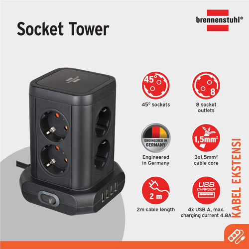 [EZM.2401133] Stop Kontak Kabel Ekstensi Colokan Terminal Listrik 8 Lubang Brennenstuhl Tower 8 Socket 4 USB 4 Arah 2m Hitam dengan switch