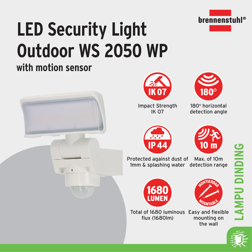 [EZM.2401134] Lampu Sorot Dinding dengan Sensor Gerak & Senja Brennenstuhl LED Outdoor Wall Light WS 2050 SP/WP Security Lamp with Motion and Twilight Sensor - Putih