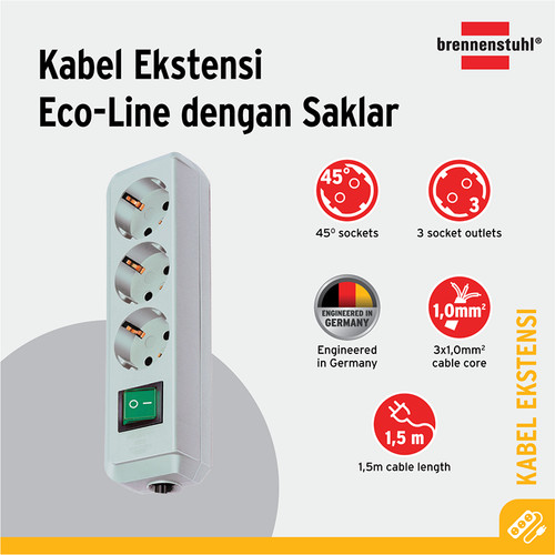 [EZM.2401117] Brennenstuhl Eco-Line Stop Kontak dengan Switch 3-Soket Abu-Abu 1,5m