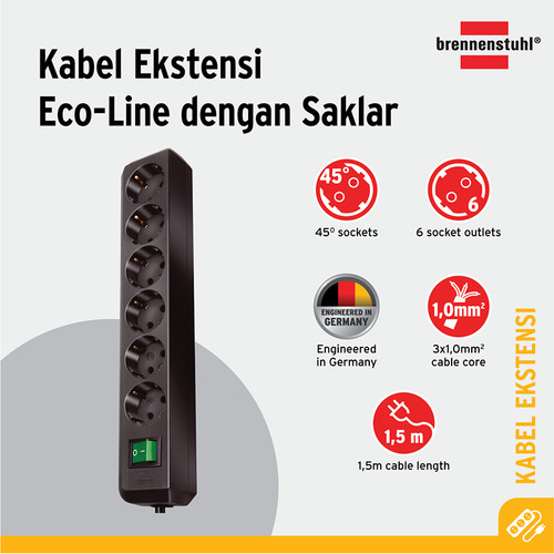 [EZM.2401116] Brennenstuhl Eco-Line Stop Kontak dengan Switch 6-Soket Hitam 1,5m