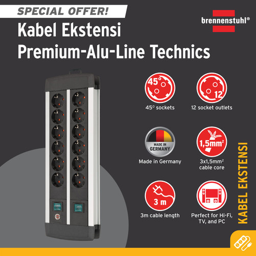 [EZM.2401100] Stop Kontak Kabel Extension Terminal Listrik 12 Lubang Brennenstuhl Premium Alu Line Technics 12 Socket Duo / Colokan Listrik Kabel Ekstensi 3 Meter dengan switch On Off -1391000912