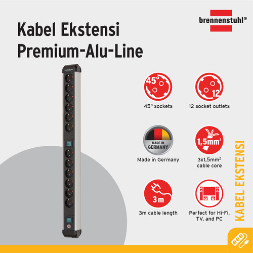 [EZM.2401101] Stop Kontak Kabel Extension Terminal Listrik 12 Lubang Brennenstuhl Premium Alu Line Technics 12 Socket 3m / Colokan Listrik Kabel Ekstensi 3 Meter dengan switch On Off -1391000012 New Model