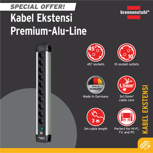 [EZM.2401102] Stop Kontak Kabel Extension Terminal Listrik 10 Lubang Brennenstuhl Premium Alu Line 10 Socket 3m / Colokan Listrik Kabel Ekstensi 3 Meter dengan switch On Off - 1391000010