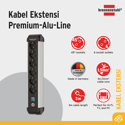 [EZM.2401103] Stop Kontak Kabel Extension Terminal Colokan Listrik 6 Lubang Brennenstuhl Premium Alu Line 6 Socket 3m -1391000016 - New Model