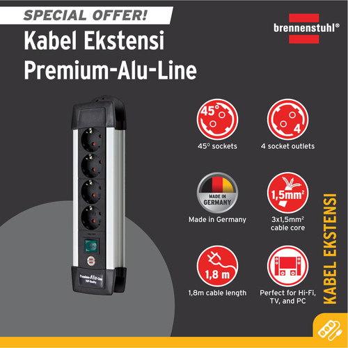 [EZM.2401104] Stop Kontak Kabel Extension Terminal Listrik 4 Lubang Brennenstuhl Premium Alu Line 4 Socket 1.8m - / Colokan Listrik Kabel Ekstensi 1.8 Meter dengan switch On Off 1391000014