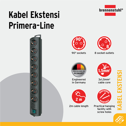 [EZM.2401109] Stop Kontak Kabel Extension Terminal Listrik 8 Lubang Brennenstuhl PRIMERA LINE dengan kabel 2m dan Switch