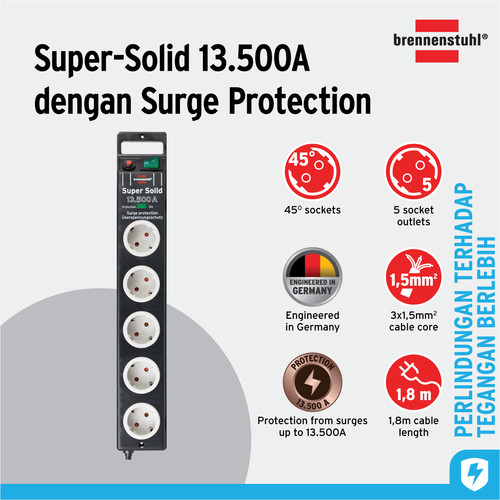 [EZM.2401174] Stop Kontak Kabel Ekstensi Colokan Terminal Listrik 5 Lubang Brennenstuhl Super-Solid 5 Socket 1.8m Surge Protection Anti Petir - 1153380