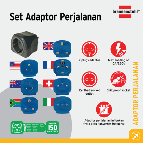 [EZM.2401177] Brennenstuhl Travel Adaptor Set dengan Fuse 10 A - 1508160 - Warna
