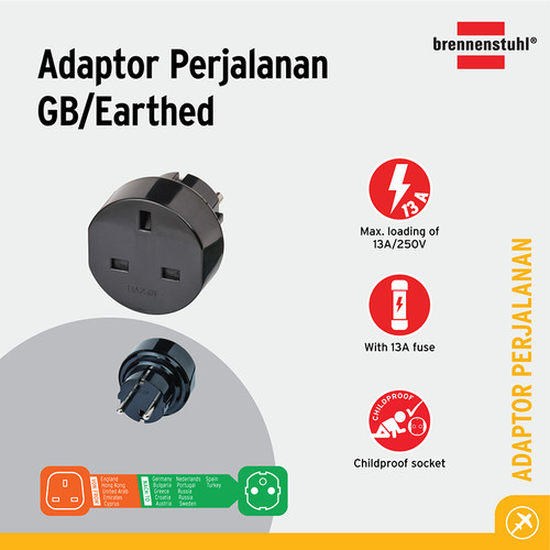 [EZM.2401074] Colokan Internasional Brennenstuhl Travel Adaptor UK to EU - Over Steker / 1508530 - 1 pcs
