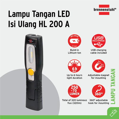 [EZM.2401077] Brennenstuhl Lampu Senter Tangan LED Isi Ulang HL 200 A / Lampu Penerangan dengan Magnet + Gantungan - 1175430010