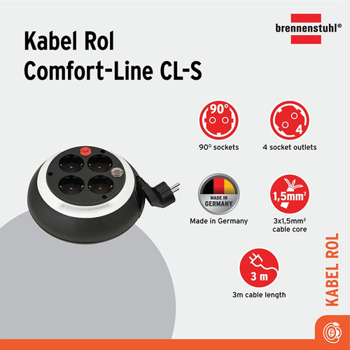 [EZM.2401075] Kabel Rol Box Terminal Listrik 4 Lubang Brennenstuhl Comfort Line CL-S 4 Socket 3m Hitam / Colokan Listrik dengan Kabel Gulung 3 Meter - 1109220