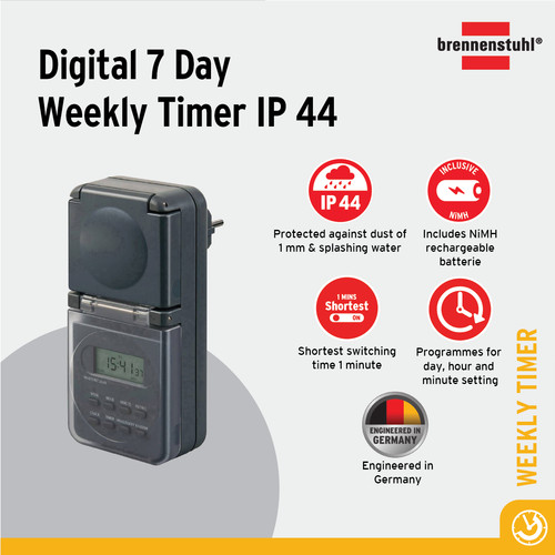 [EZM.2401180] Stop Kontak Timer Terminal Colokan Listrik 1 Lubang Brennenstuhl Digital 7 Day Weekly Timer IP44 - Timer Digital Outdoor 1506706