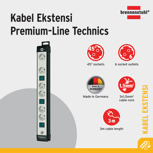 [EZM.2401094] Stop Kontak Kabel Ekstensi Terminal Listrik 6 Lubang Brennenstuhl Premium Line Technic 6 Socket / Colokan Listrik Cable Extension 6 Socket 3 Meter - 1951560600