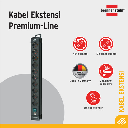 [EZM.2401095] Stop Kontak Kabel Extension Terminal Listrik 10 Lubang Brennenstuhl Premium Line 10 Socket 3m Black / Colokan Listrik dengan Kabel 3 Meter Switch On Off - 1951100100