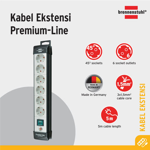 [EZM.2401097] Stop Kontak Kabel Extension Terminal Listrik 6 Lubang Brennenstuhl Premium Line 6 Socket 5m Grey-Black / Colokan Listrik Kabel Ekstensi dengan Kabel 5 Meter Switch On Off 1951560101