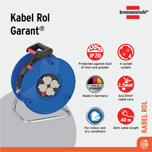 [EZM.2401091] Kabel Rol 4 Lubang Brennenstuhl Cable Reel Garant 40m / Colokan Listrik 4 Socket dengan Kabel Gulung 40 Meter - 1208300