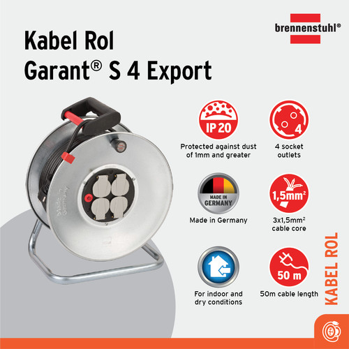 [EZM.2401092] Kabel Rol 4 Lubang Brennenstuhl Cable Reel Garant S 4 Export 50m / Colokan Listrik 4 Socket dengan Kabel Gulung 50 Meter - 1195066