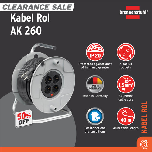[EZM.2401086] Kabel Rol 4 Lubang Brennenstuhl Cable Reel AK 260 40m / Colokan Listrik 4 Socket dengan Kabel Gulung 40 Meter - 1098068001