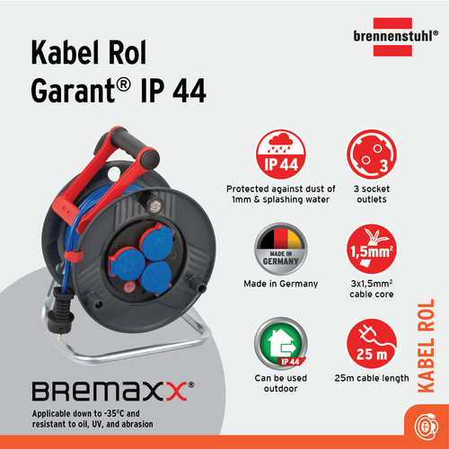 [EZM.2401087] Kabel Rol 3 Lubang Brennenstuhl Cable Reel Garant IP44 25m / Colokan Listrik 3 Socket dengan Kabel Gulung 25 Meter - 1219850