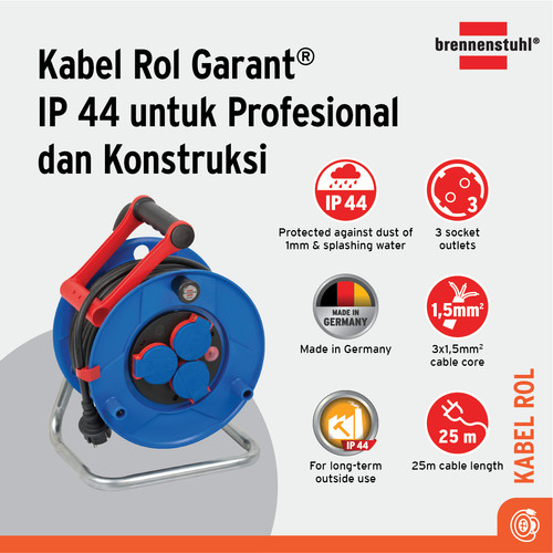 [EZM.2401088] Kabel Rol 3 Lubang Brennenstuhl Cable Reel Garant IP44 25m Industrial Grade / Colokan Listrik 3 Socket dengan Kabel Gulung 25 Meter -1218350