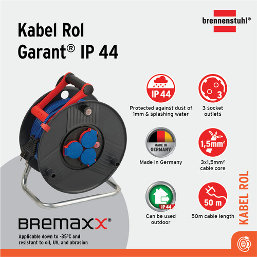 [EZM.2401089] Kabel Rol 3 Lubang Brennenstuhl Cable Reel Garant IP44 50m / Colokan Listrik 3 Socket dengan Kabel Gulung 50 Meter -1209830
