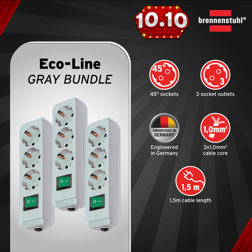 [EZM.2401144] Brennenstuhl Eco-Line Stop Kontak Switch 3-Soket BUNDLE (3pcs)