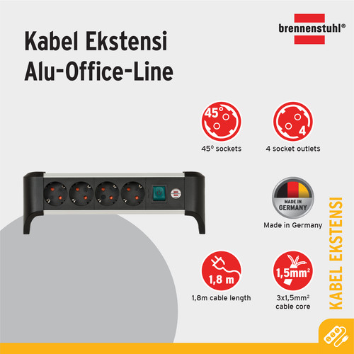 [EZM.2401215] Stop Kontak Kabel Extension Terminal Listrik 4 Lubang Brennenstuhl Alu Office Line 4 Soket 1.8m / Colokan listrik Meja Kantor Meeting Cable Extension dengan kabel 1.8 meter dan switch on off - 1394000414