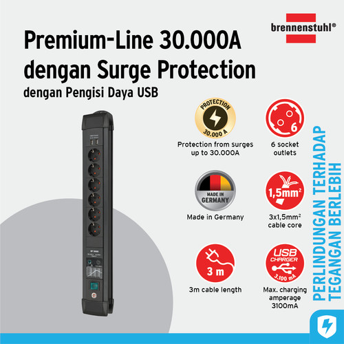 [EZM.2401211] Stop Kontak Kabel Ekstensi Terminal Listrik 6 Lubang Brennenstuhl Premium Line 30.000A Surge Protection + USB Type C / Colokan Listrik Cable Extension 6 Socket Anti Petir 3 Meter - 1156000536