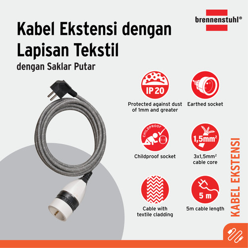 [EZM.2401042] Sambungan Kabel 1 Lubang Brennenstuhl Kabel 5M Textile extension cable switch on/off rotary / Colokan Listrik Kabel 5 Meter dengan switch On Off Putar - 61830020