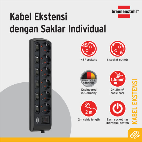 [EZM.2401045] Stop Kontak Kabel Extension Terminal Listrik 6 Lubang Brennenstuhl individually switchable 6 socket 2m / Colokan Listrik Kabel Ekstensi dengan switch On Off 2 Meter -1153110116