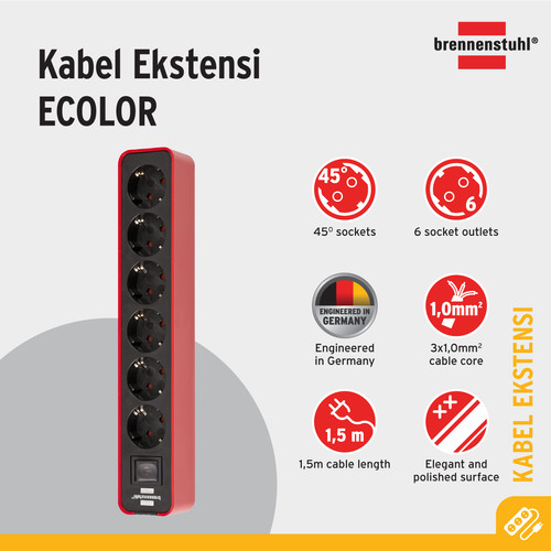 [EZM.2401049] Stop Kontak Brennenstuhl Ecolor 6-Soket Merah dengan Switch - 20041