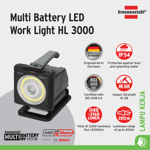 [EZM.2401035] Lampu Senter LED Brennenstuhl Multi Battery LED Portable Work Light HL 3000 1173730000 - Tanpa Baterai, Kompatibel dengan Baterai BOSCH, Makita, Metabo, dll