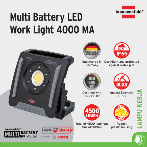 [EZM.2401037] Brennenstuhl Lampu Senter Kerja LED Floodlight Worklight 4000 MA Multi Battery / Lampu Sorot Penerangan -1173140400